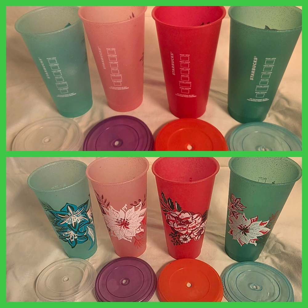 STARBUCKS CHRISTMAS  SUPS WITH LIDS SET OF FOUR
